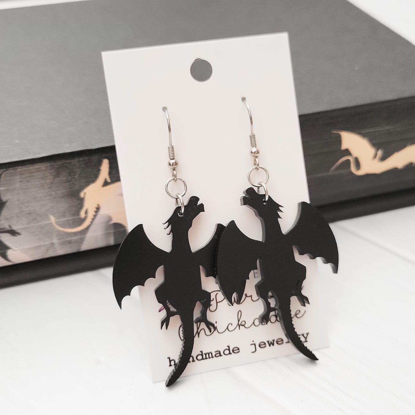 Matter Black Dragon Acrylic Dangle Earrings
