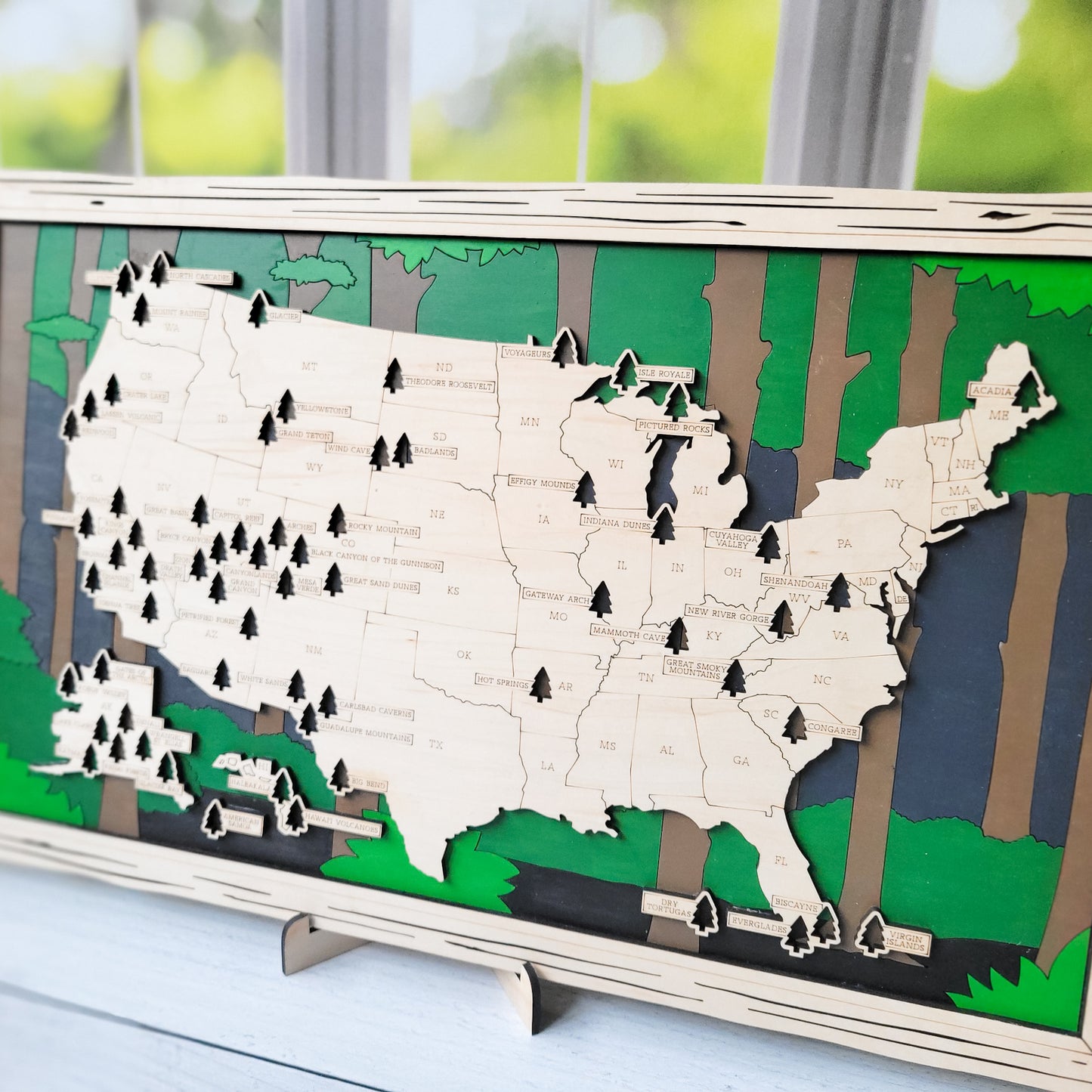 Handpainted "Forest" US National Parks Tracker Map - 18x11