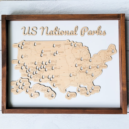 US National Parks Tracker Map - 16x20 - Natural Wood