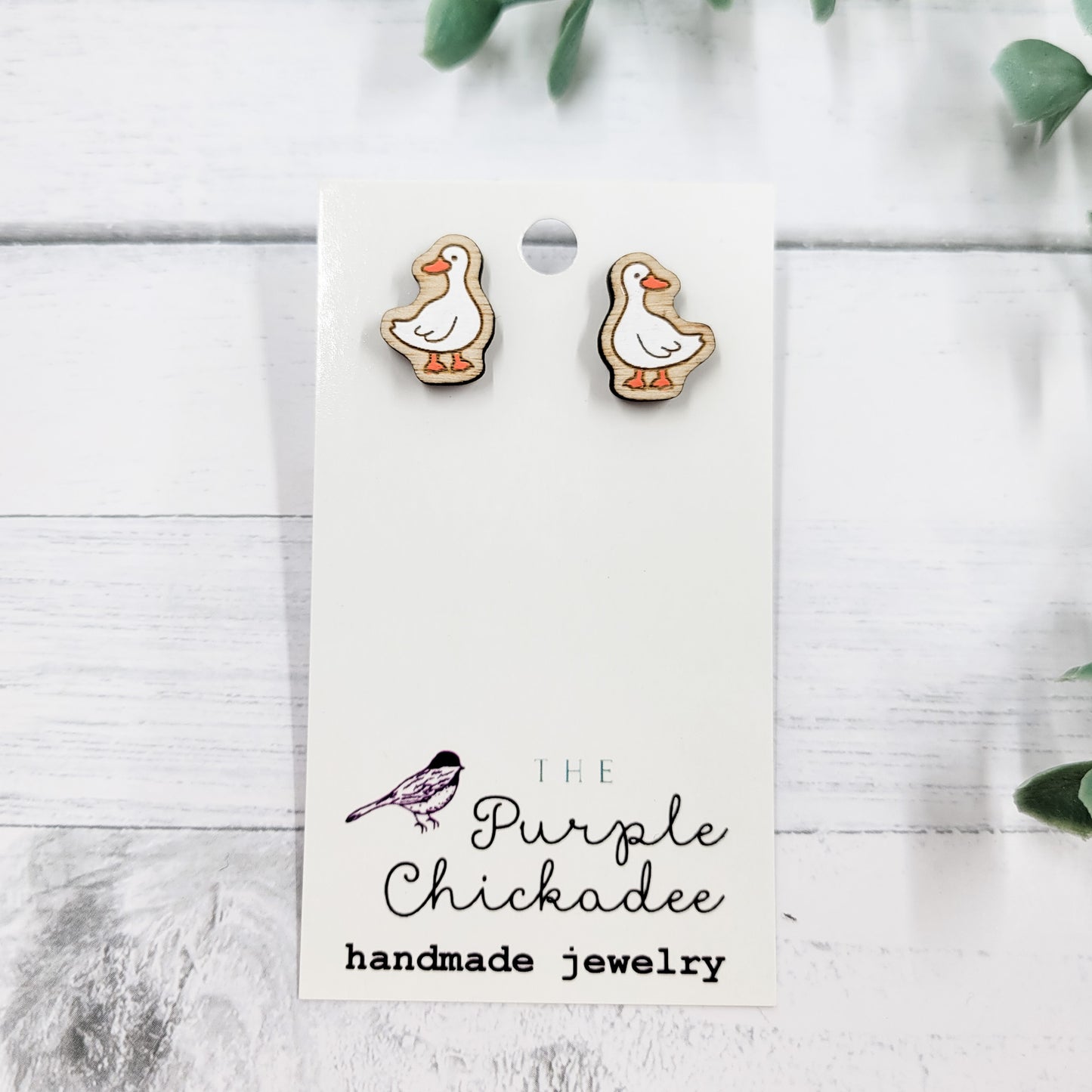 White Goose Handpainted Wooden Stud Earrings