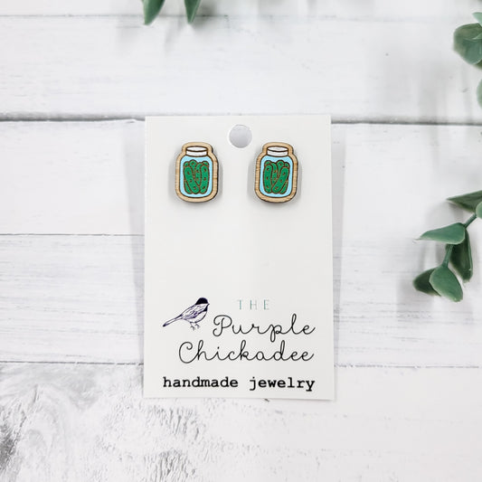 Pickle Jar Handpainted Wooden Stud Earrings