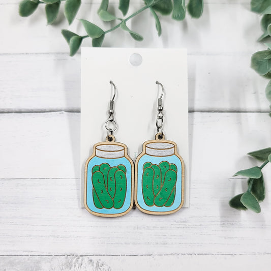 Pickle Jar Handpainted Wooden Dangle Earrings