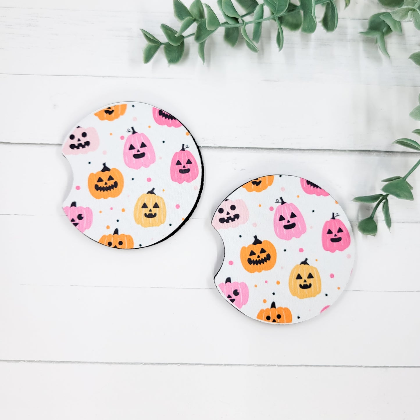 Pink & Orange Jack-O’-Lantern Neoprene Car Coasters – Cute Halloween  (Set of 2)