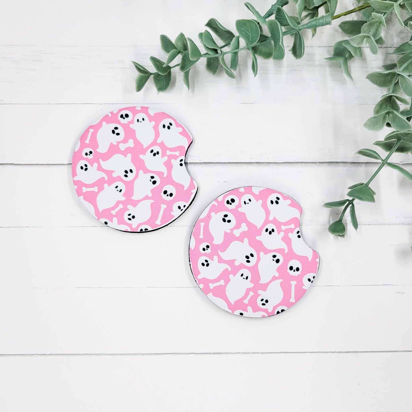 Pink Ghost Neoprene Car Coasters – Spooky Cute Halloween (Set of 2)