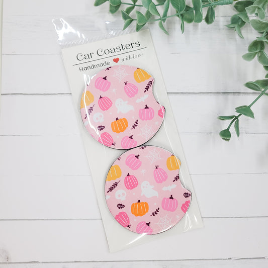 Pink Halloween Car Coasters – Ghosts & Pumpkins Design