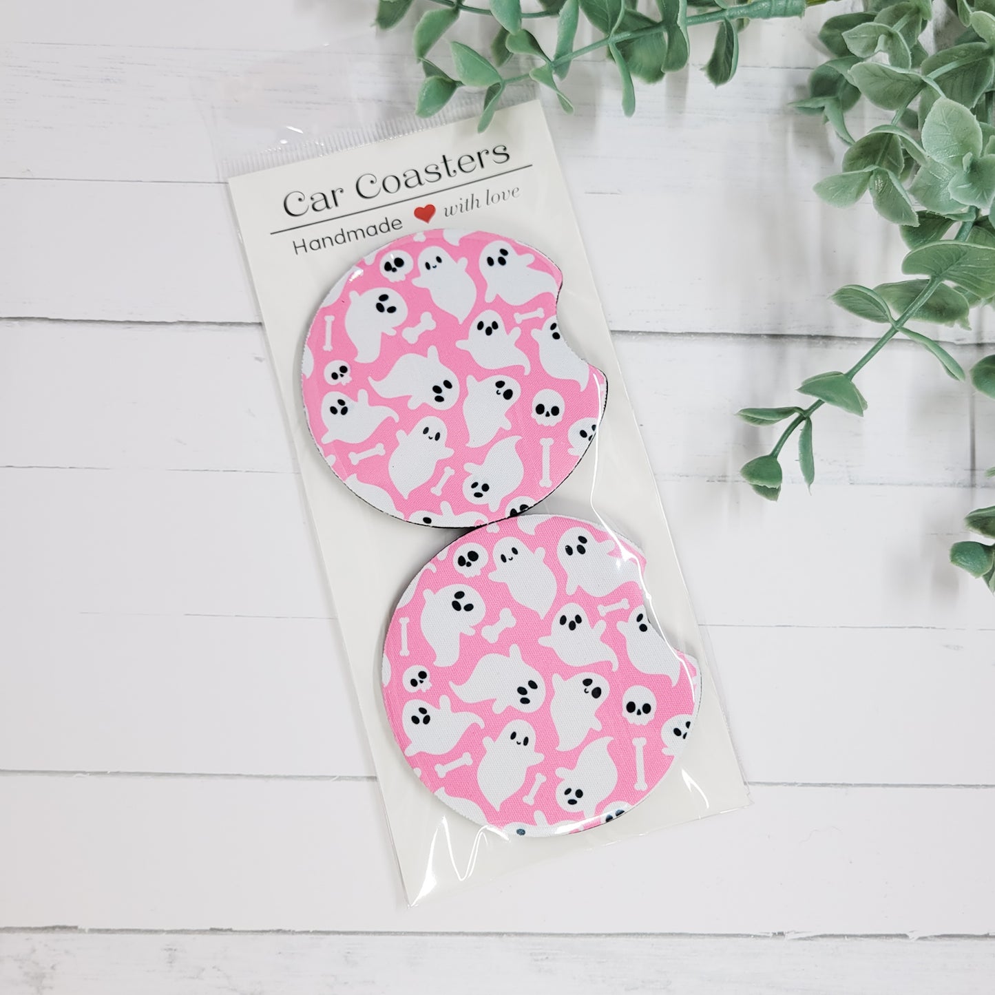 Pink Ghost Neoprene Car Coasters – Spooky Cute Halloween (Set of 2)