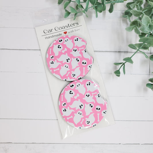 Pink Ghost Neoprene Car Coasters – Spooky Cute Halloween (Set of 2)