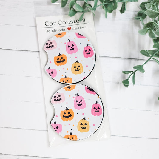 Pink & Orange Jack-O’-Lantern Neoprene Car Coasters – Cute Halloween  (Set of 2)