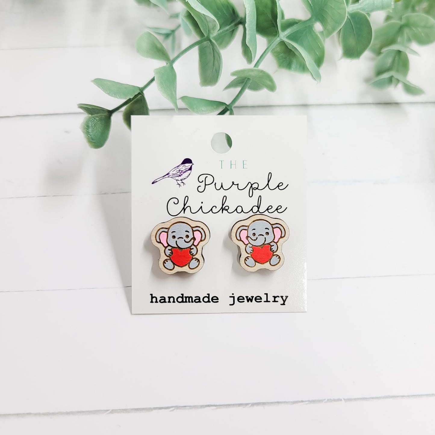 Elephant Hugging Heart Handpainted Wooden Stud Earrings