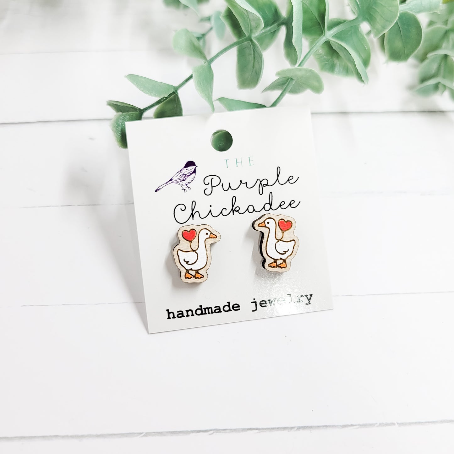 Red Heart Balloon Goose Handpainted Wooden Stud Earrings