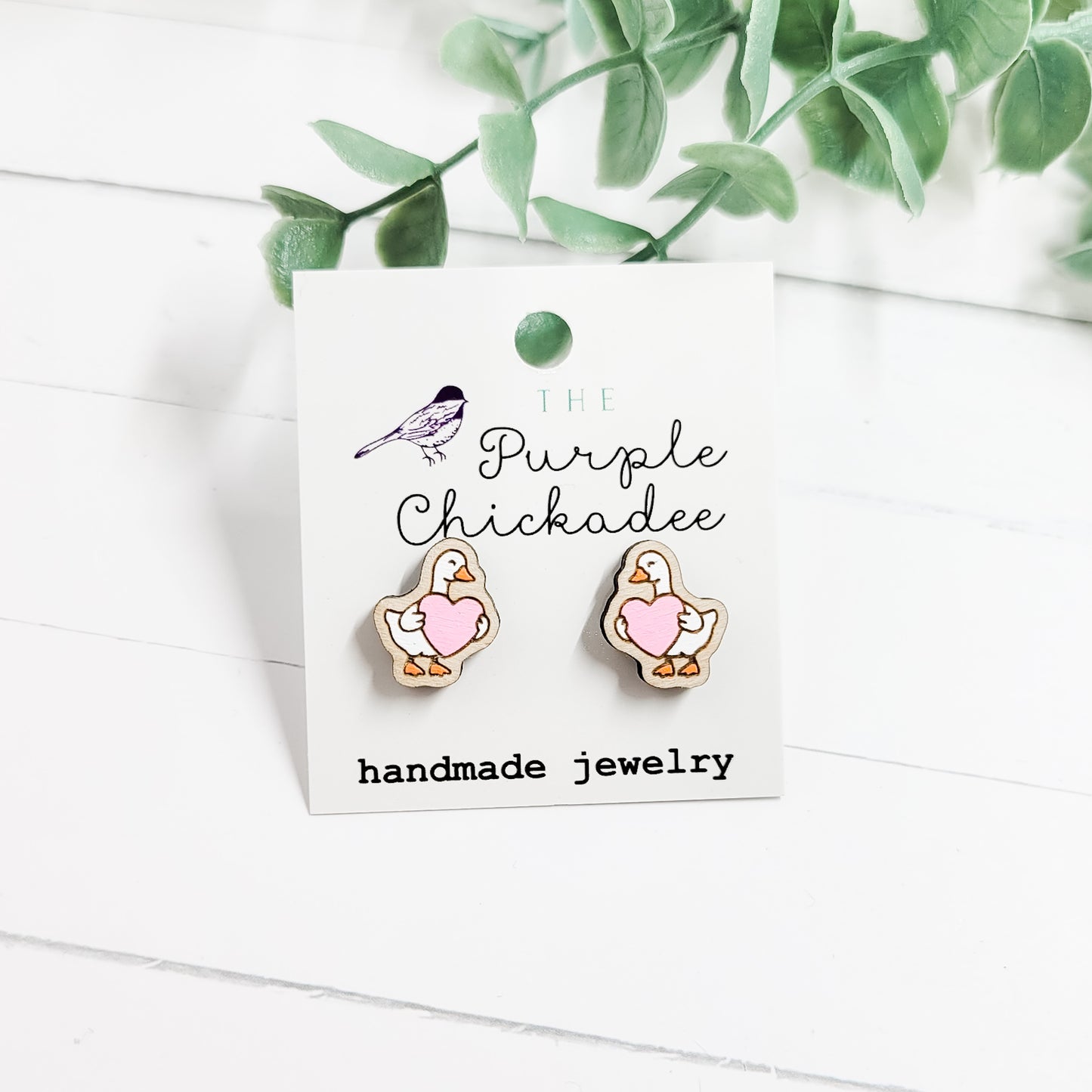 Pink Heart Goose Handpainted Wooden Stud Earrings