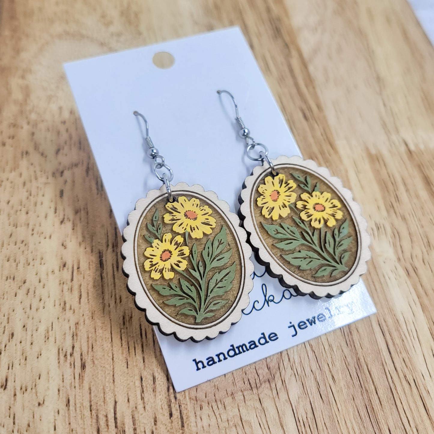 Yellow Wildflower Oval Wood Earrings – Hand Painted Botanical