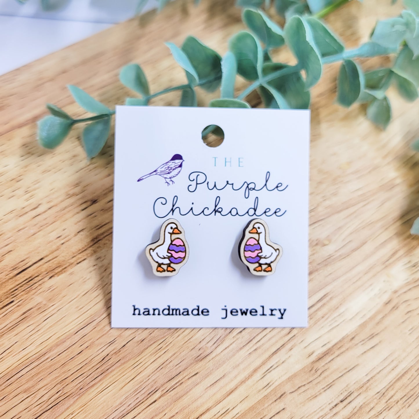 Easter Egg Goose Handpainted Wooden Stud Earrings
