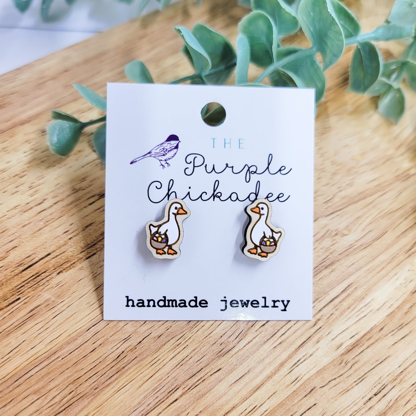 Easter Basket Goose Handpainted Wooden Stud Earrings