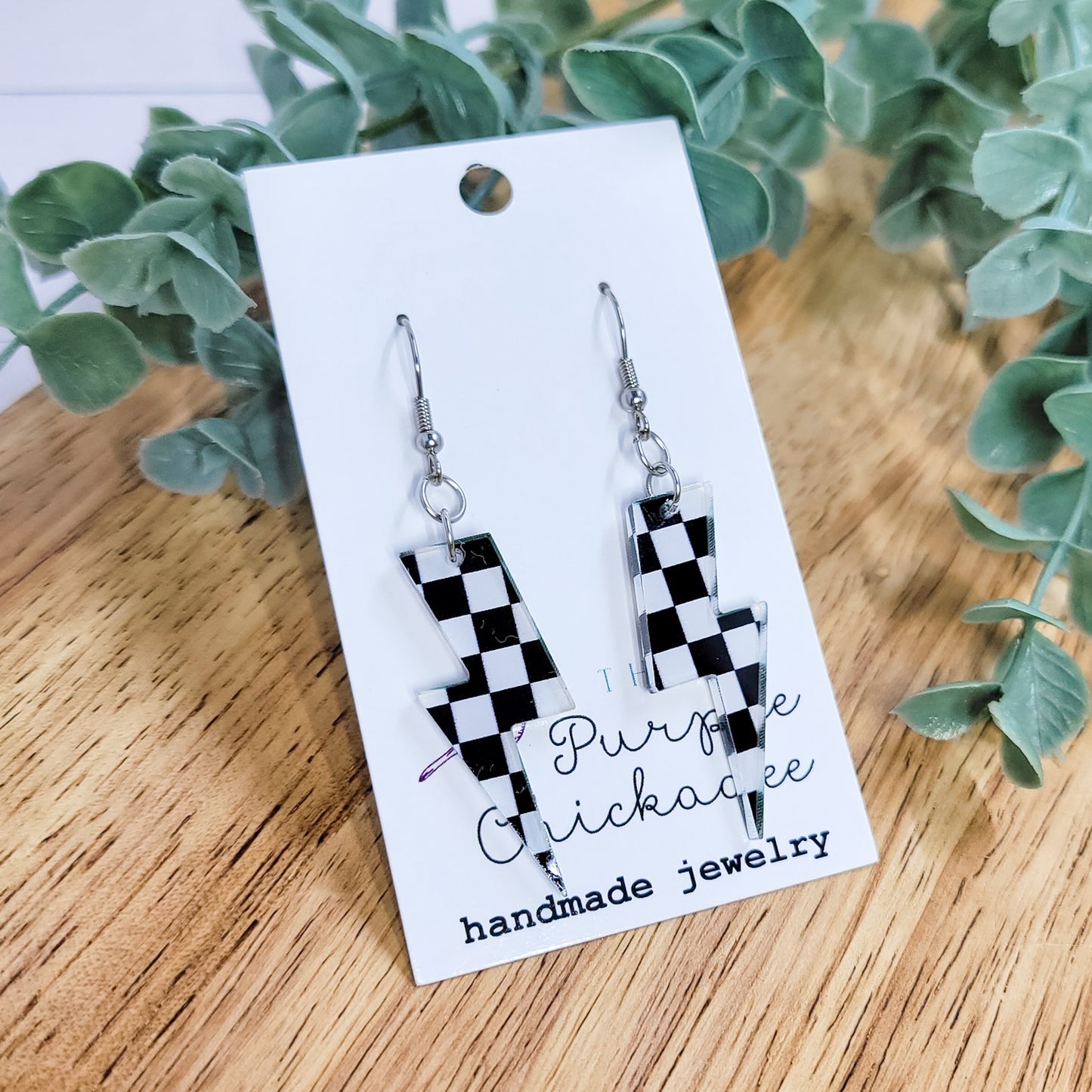 Checkered Print Lightning Bolt Acrylic Dangle Earrings