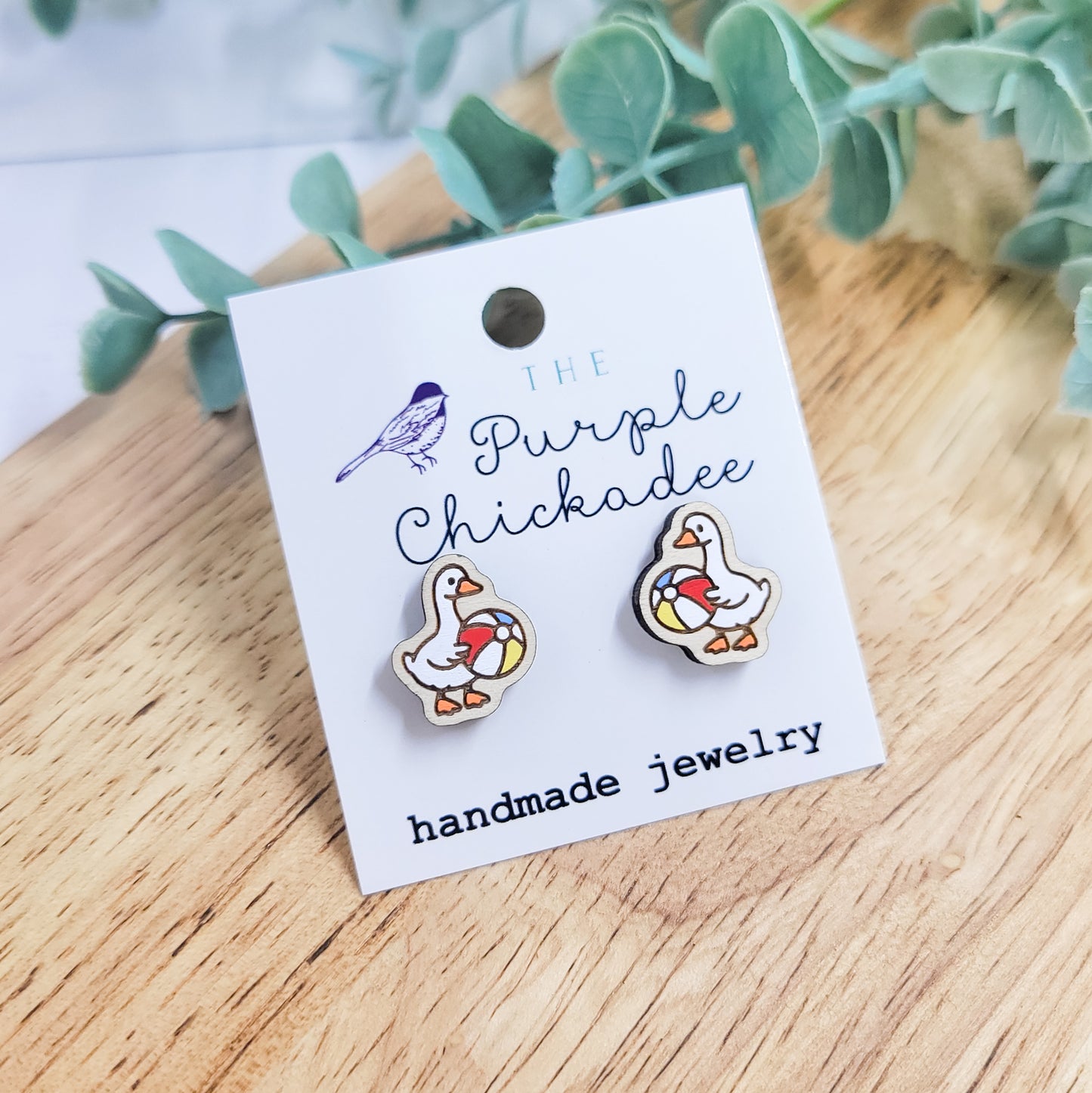 Beach Ball Goose Handpainted Wooden Stud Earrings