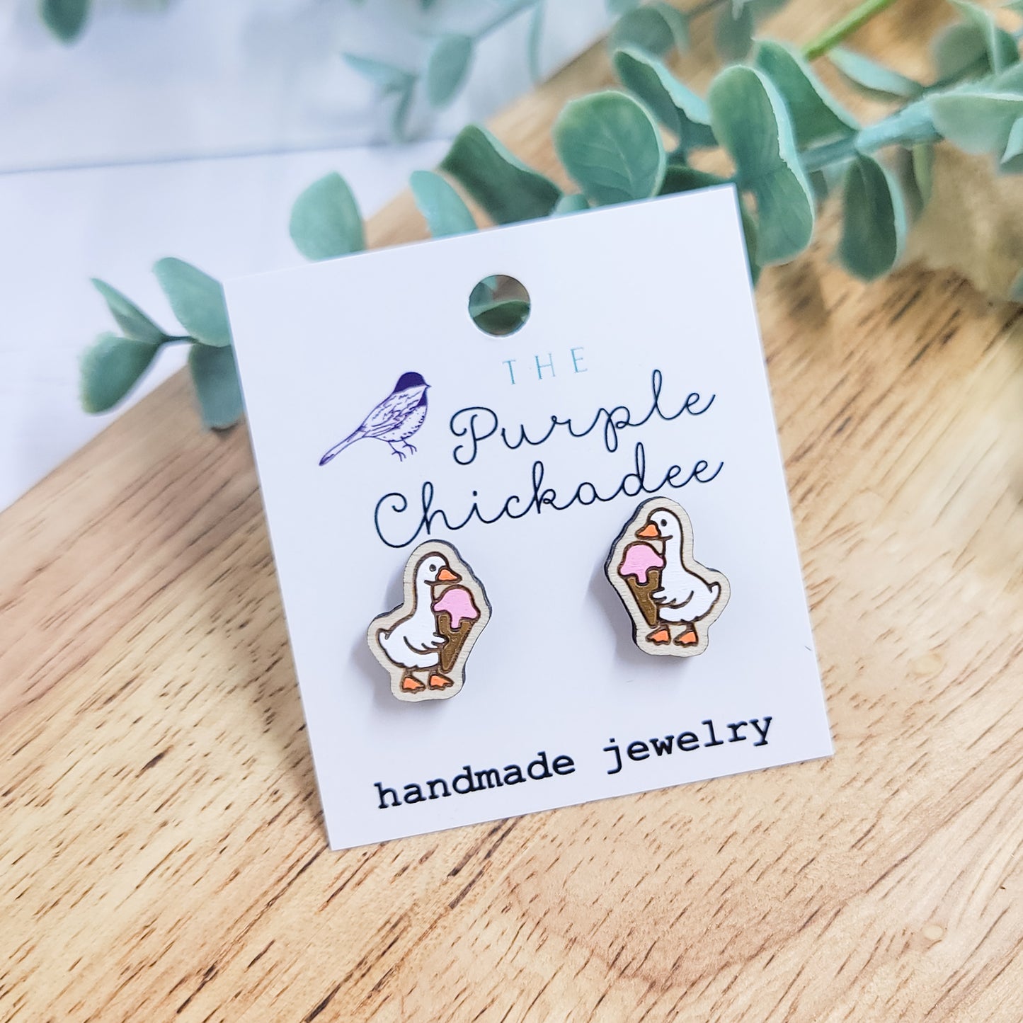 Ice Cream Cone Goose Handpainted Wooden Stud Earrings