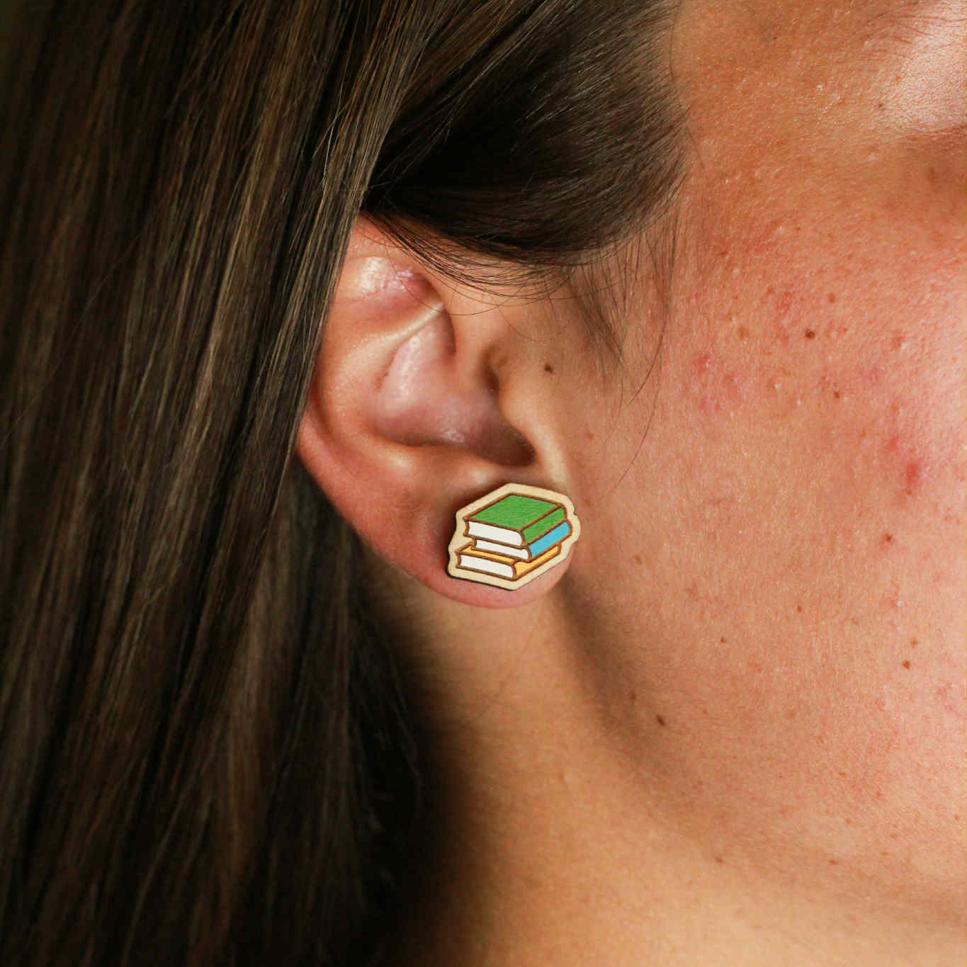 Book Stack Handpainted Wooden Stud Earrings
