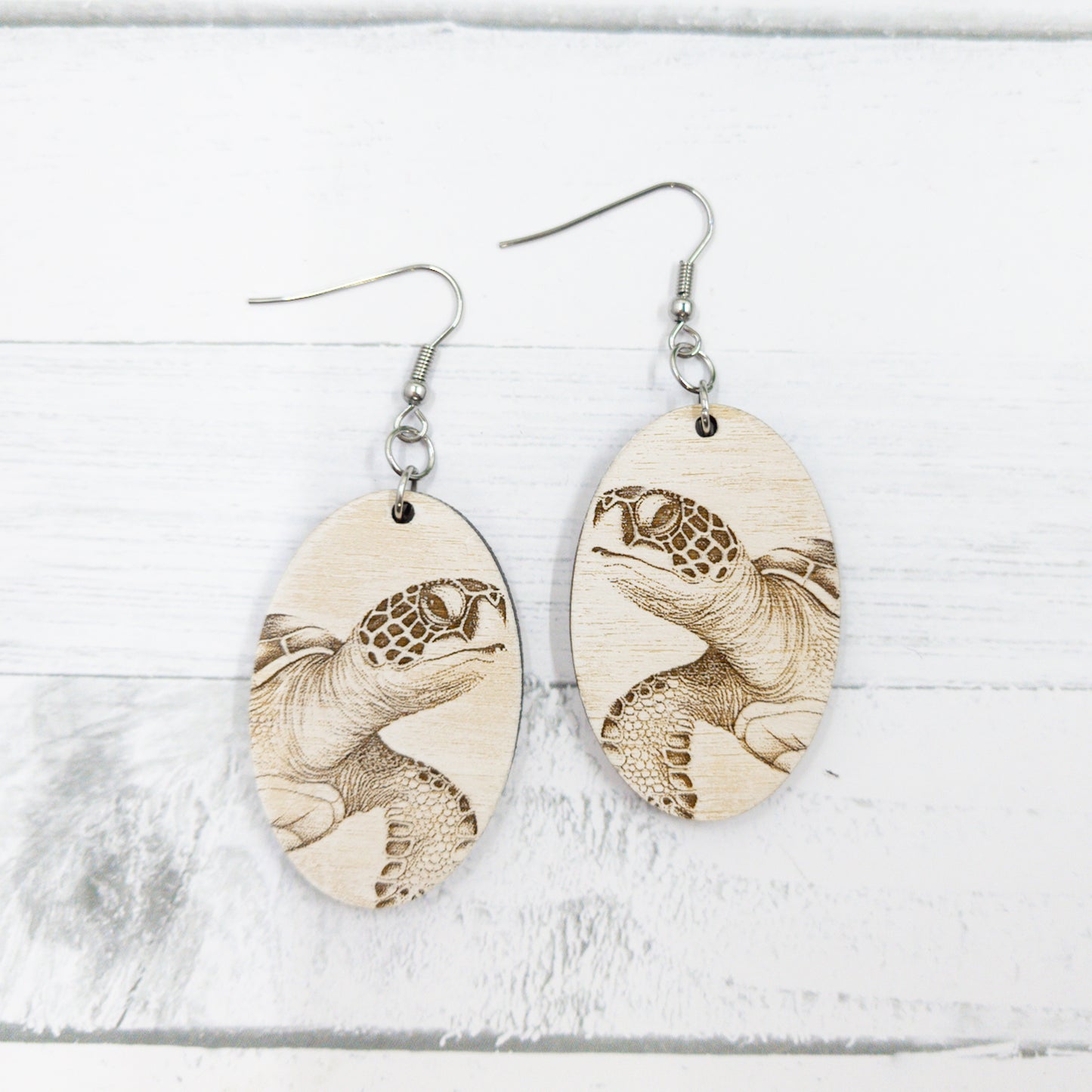 Distressed Sea Turtle Wooden Oval Dangle Earrings
