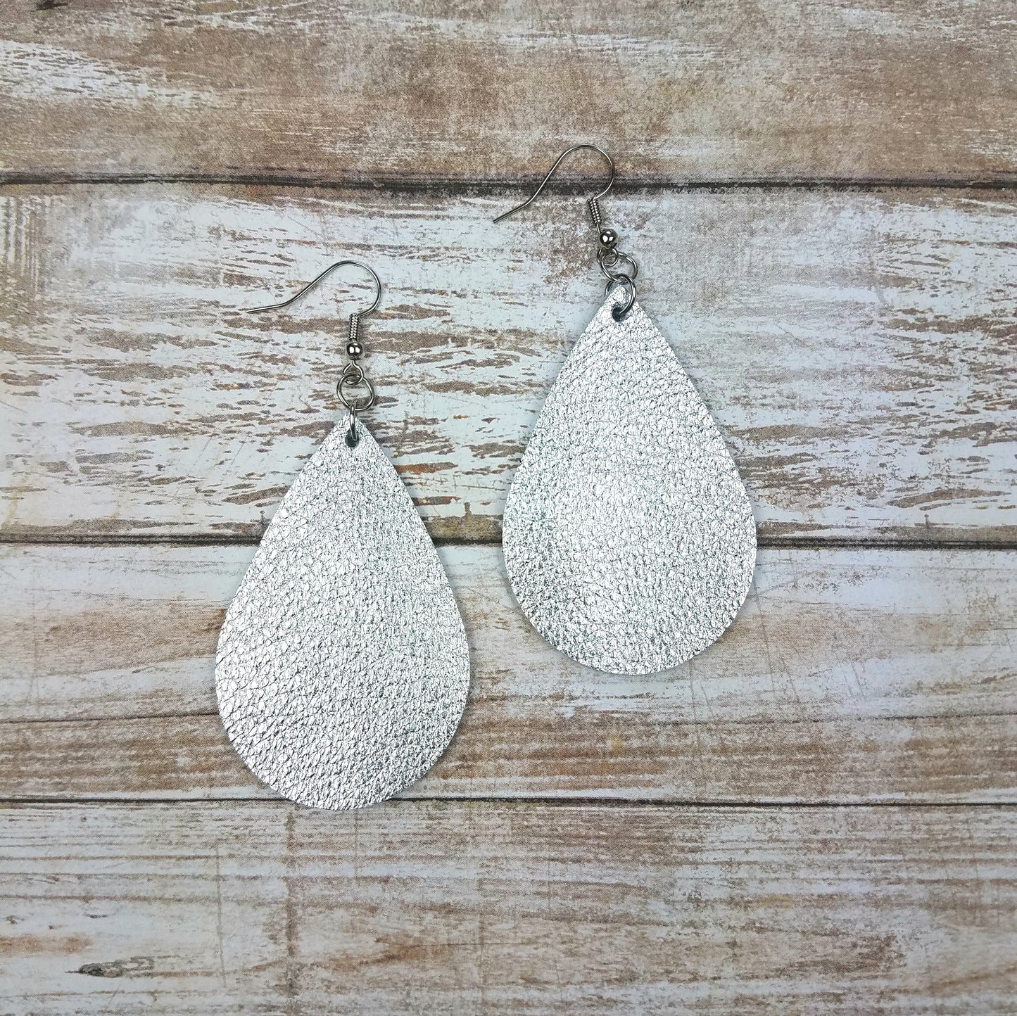 Metallic Silver Leather Drop Earrings