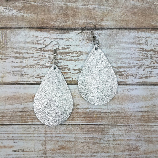 Metallic Silver Leather Drop Earrings