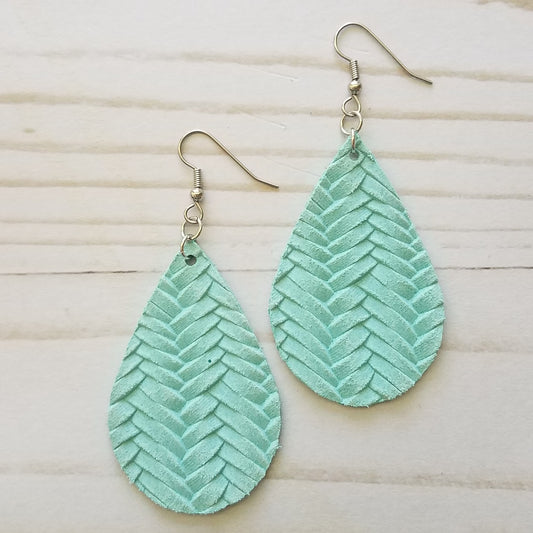 Robin Egg Blue Fish Tail Braid Leather Drop Earrings