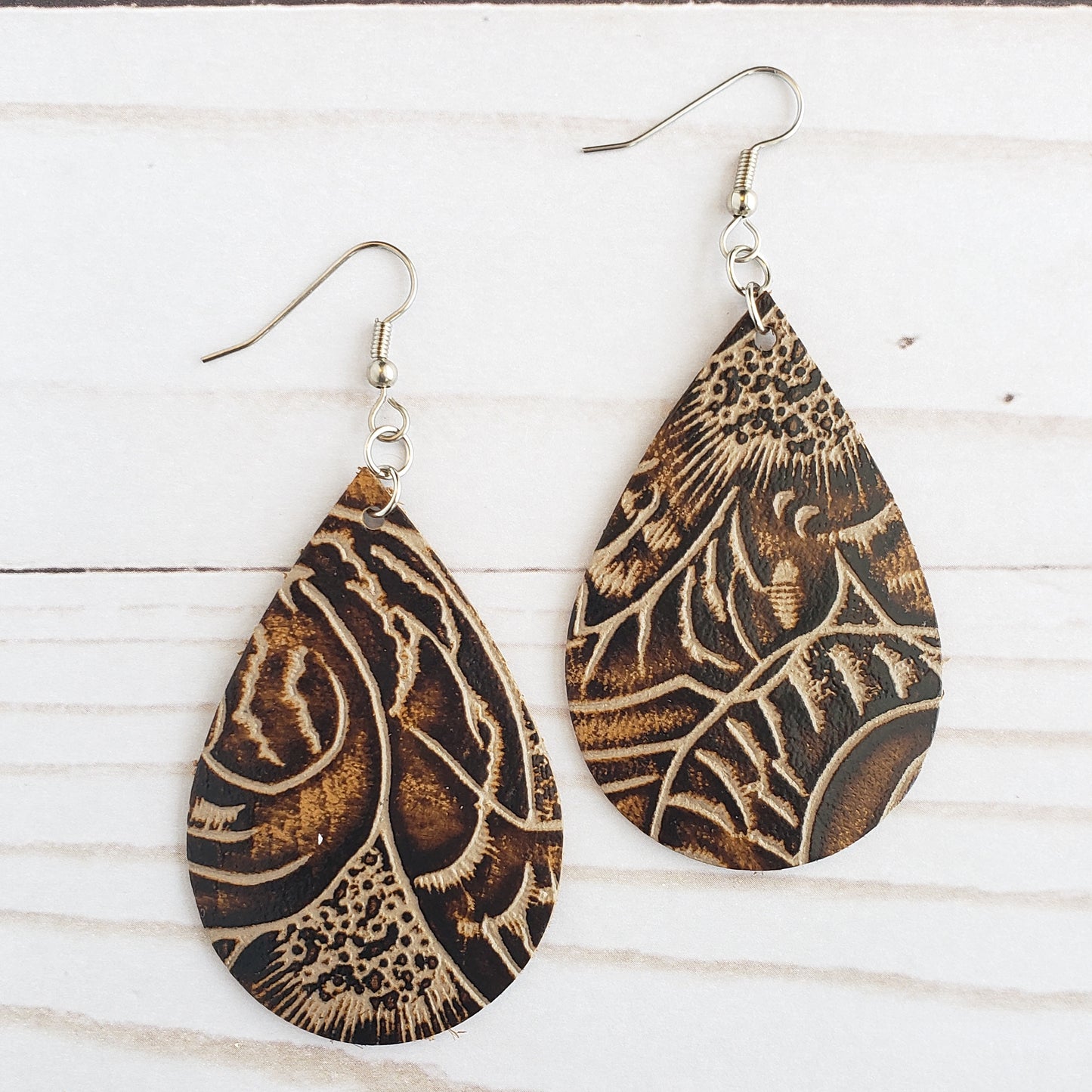 Tooled Brown Leather Drop Earrings