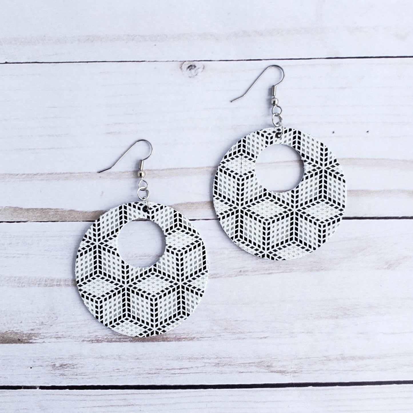 White Geometric Circle Leather Earrings