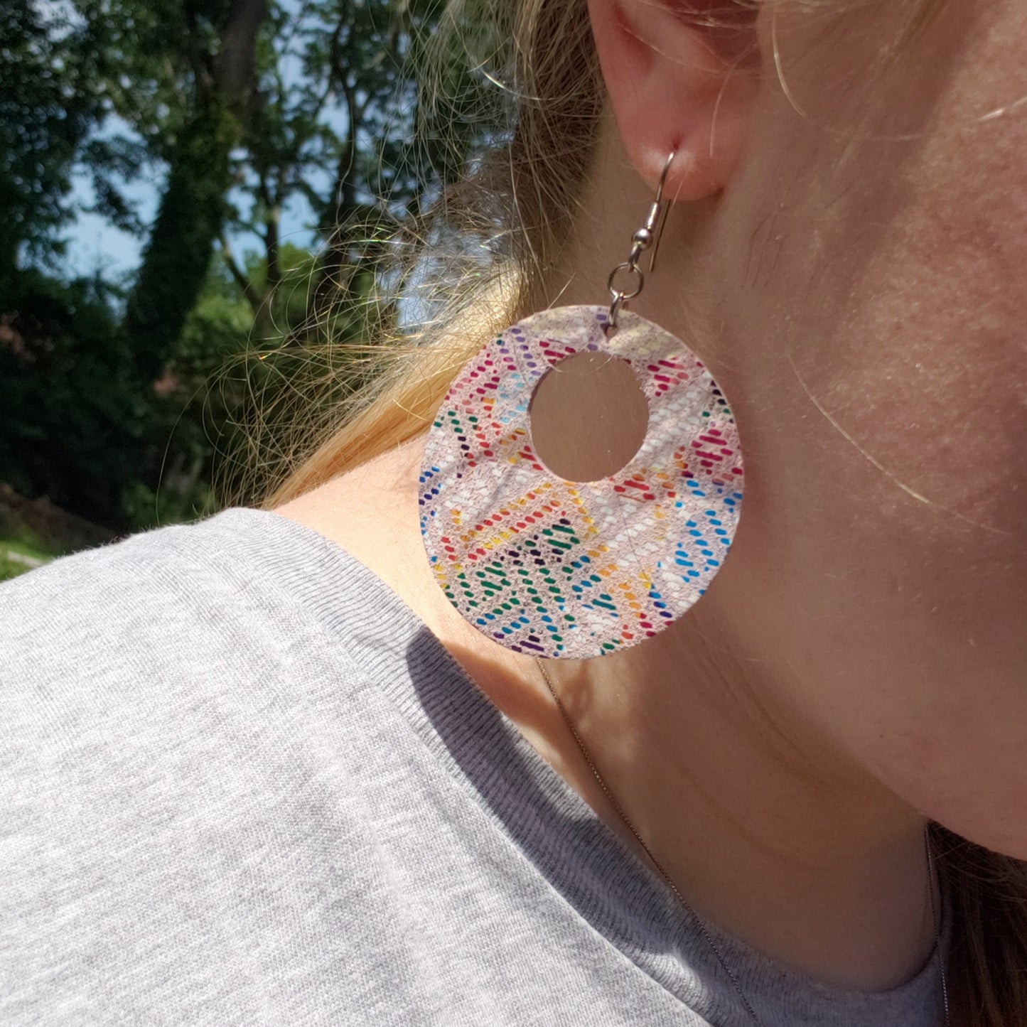 White Geometric Circle Leather Earrings