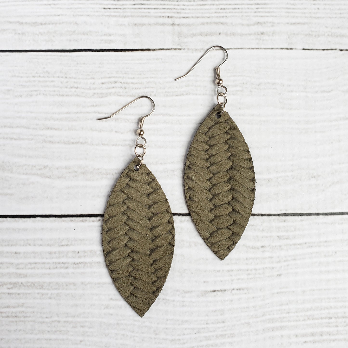 Olive Braided Leather Petal Earrings