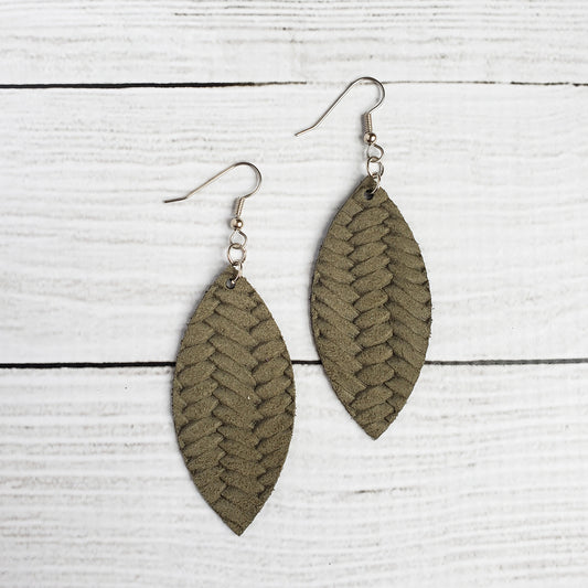 Olive Braided Leather Petal Earrings