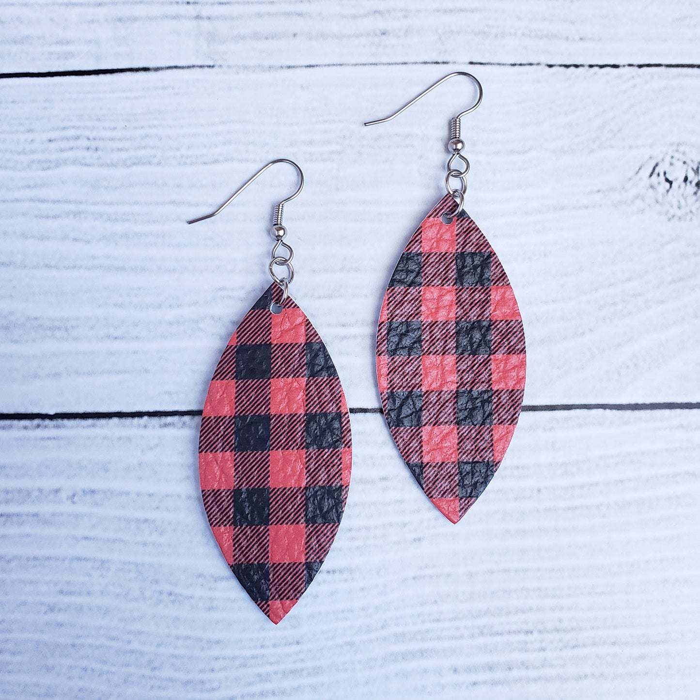 Red Buffalo Plaid Leather Petal Earrings