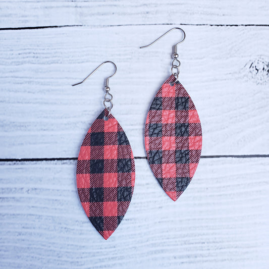 Red Buffalo Plaid Leather Petal Earrings