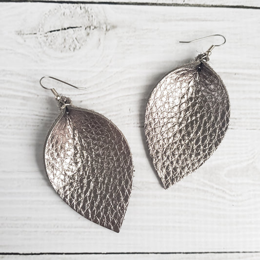 Metallic Gunmetal Leather Leaf Earrings