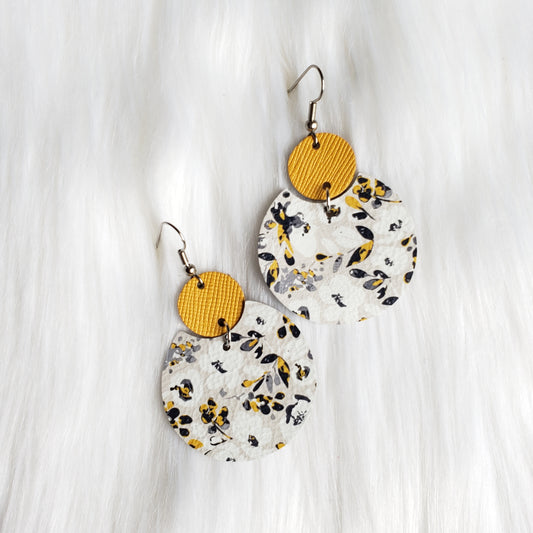 Mustard Floral Semi Circle Leather Earrings