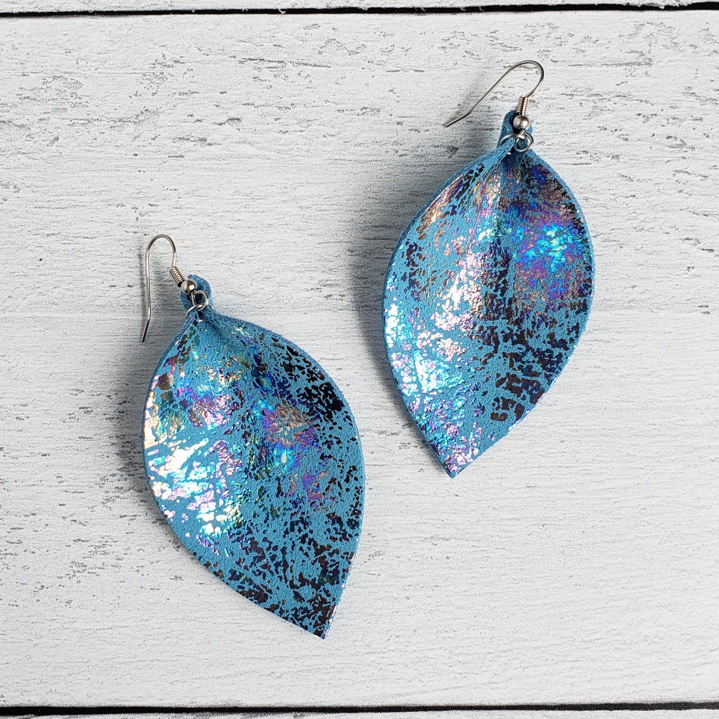 Blue Rainbow Mermaid Leather Leaf Earrings