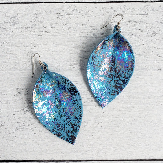 Blue Rainbow Mermaid Leather Leaf Earrings