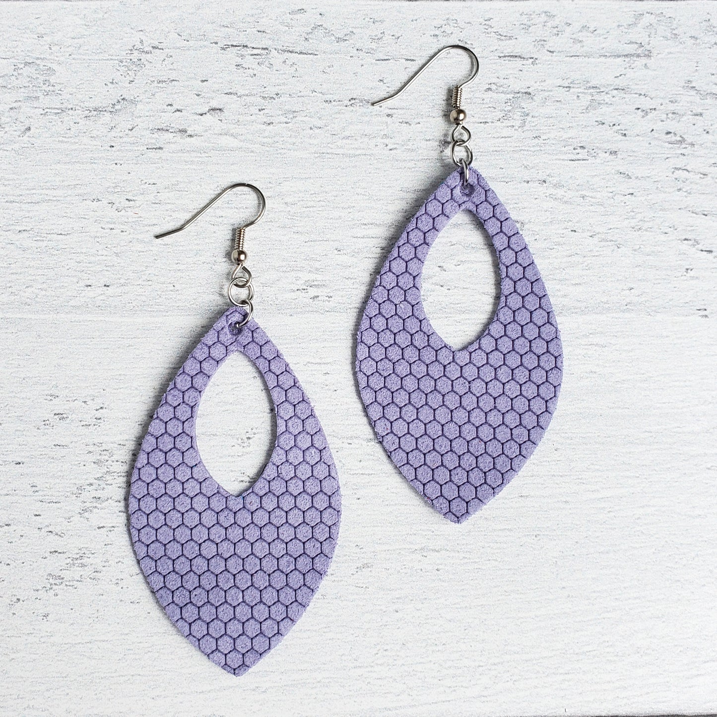 Periwinkle Honeycomb Leather Open Teardrop Earrings