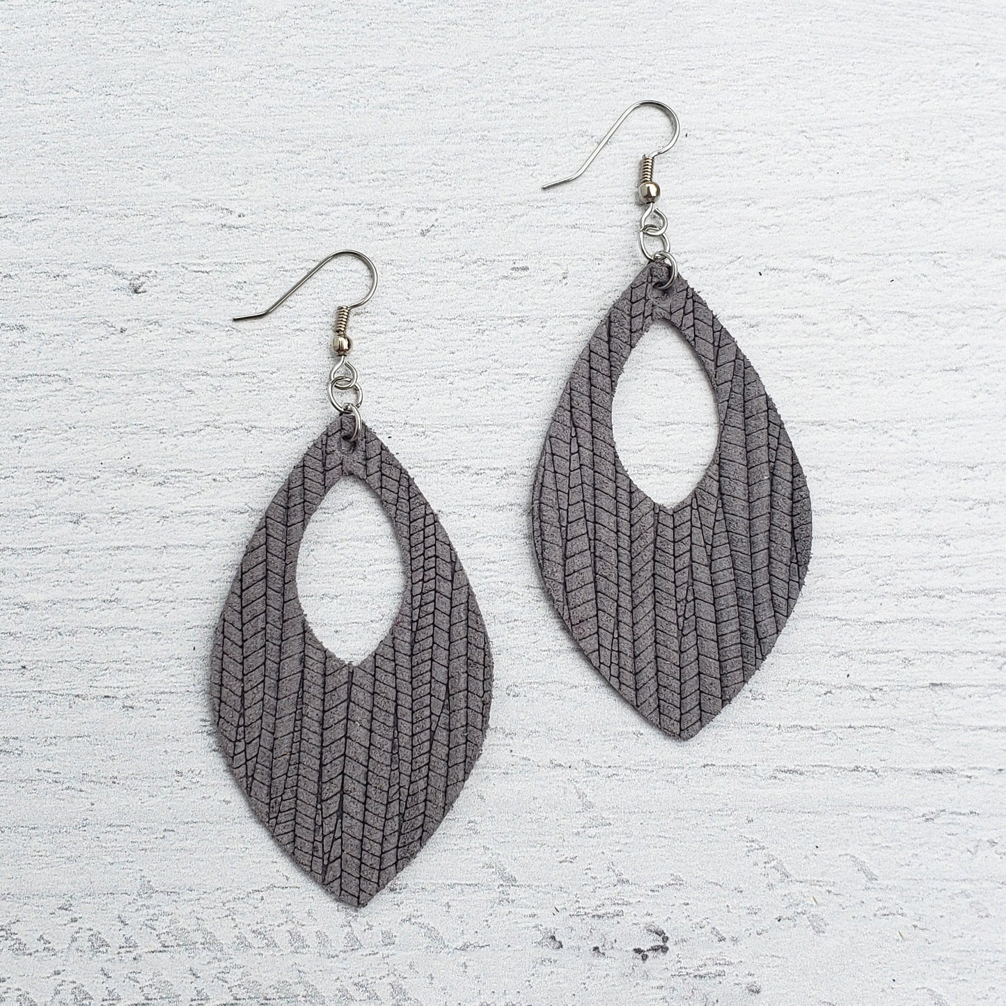 Ash Grey Leather Open Teardrop Earrings