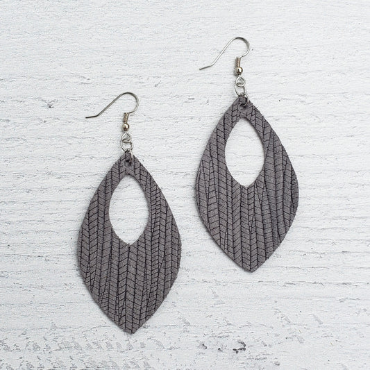Ash Grey Leather Open Teardrop Earrings