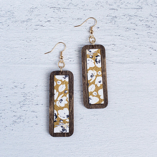 Wooden Bar - Mustard Poppies Leather Earrings