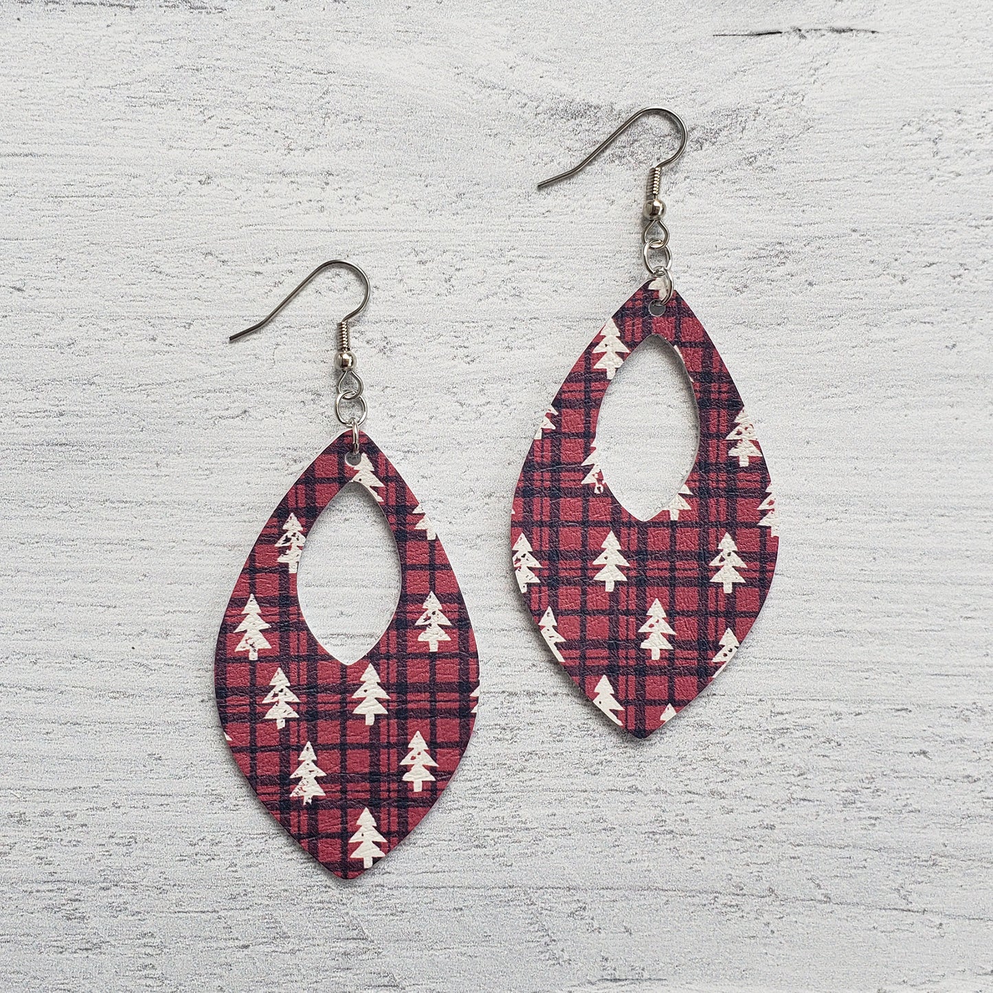 Buffalo Plaid Trees Leather Open Teardrop Earrings