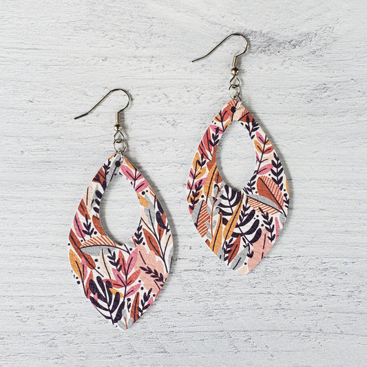 Fall Floral Leather Open Teardrop Earrings