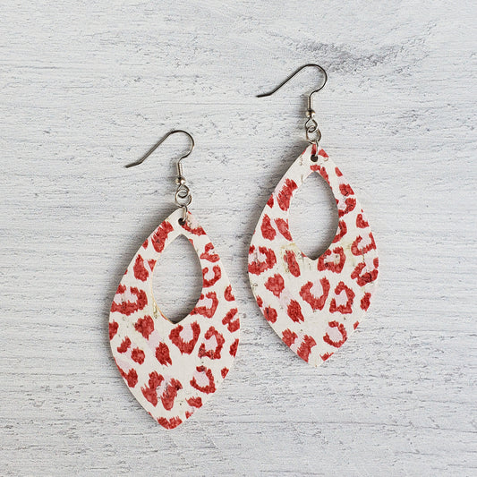 Red Leopard Open Teardrop Leather Earrings