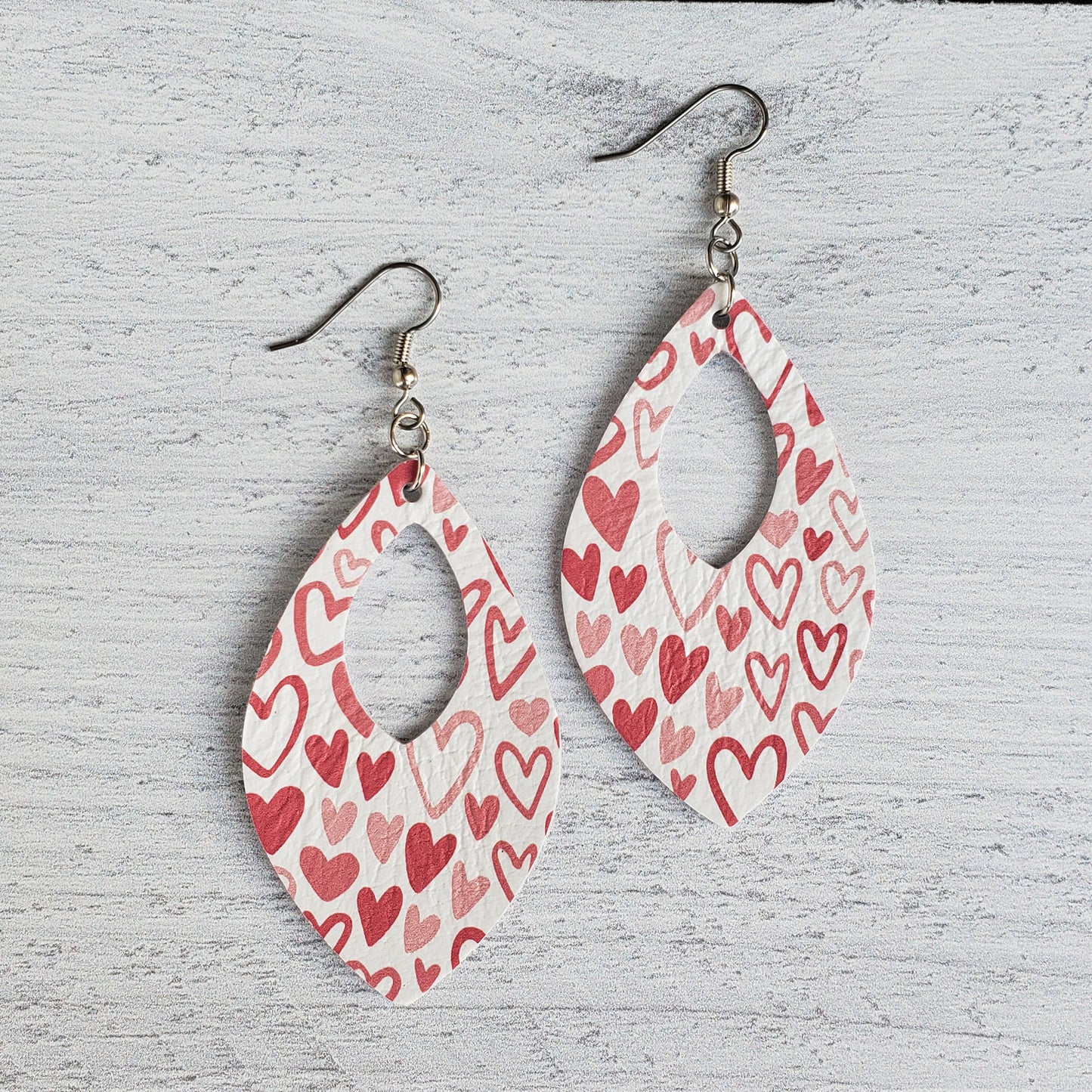Sketched Hearts Open Teardrop Leather Earrings