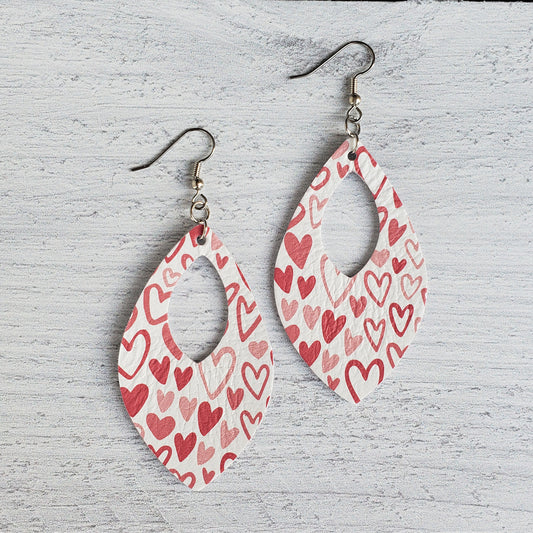 Sketched Hearts Open Teardrop Leather Earrings
