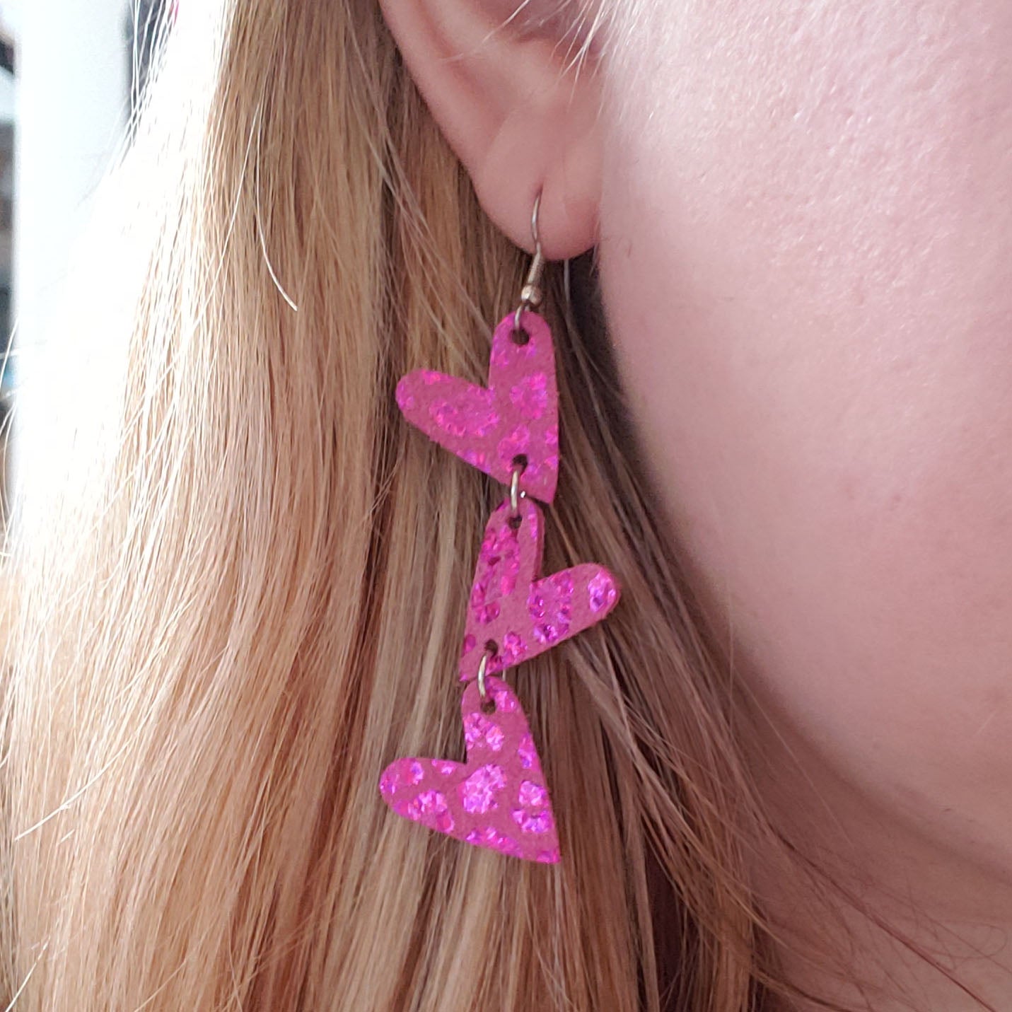 Pink Holographic Leopard Dainty Heart Leather Earrings