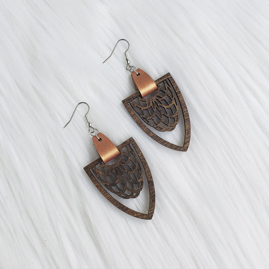 Walnut Stained Filigree Pointed Dangle Earrings