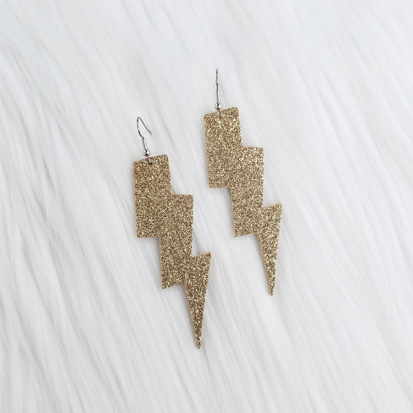 Gold Glitter Lightning Bolt Leather Earrings