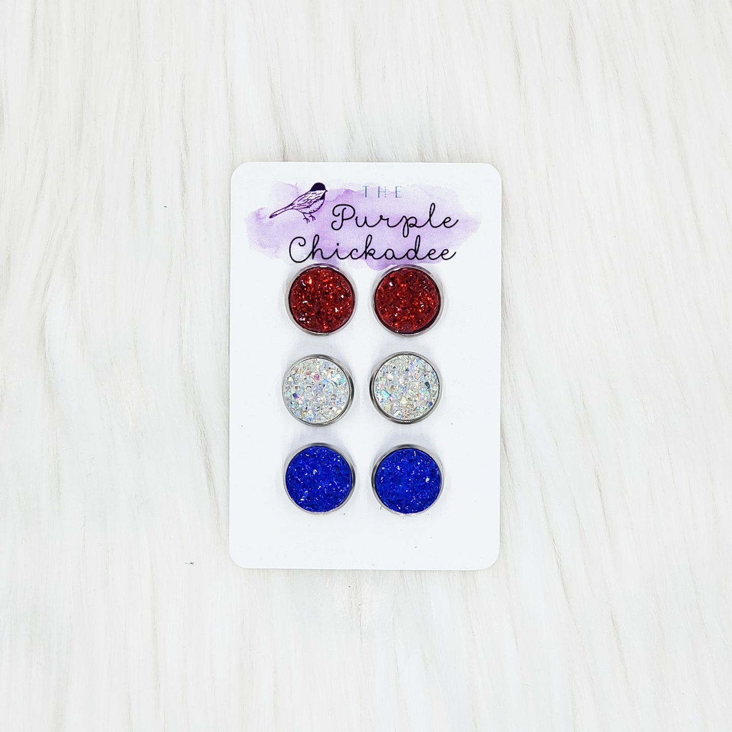 Iridescent Druzy Trios : Set of 3 12mm Studs - Red, White, & Blue